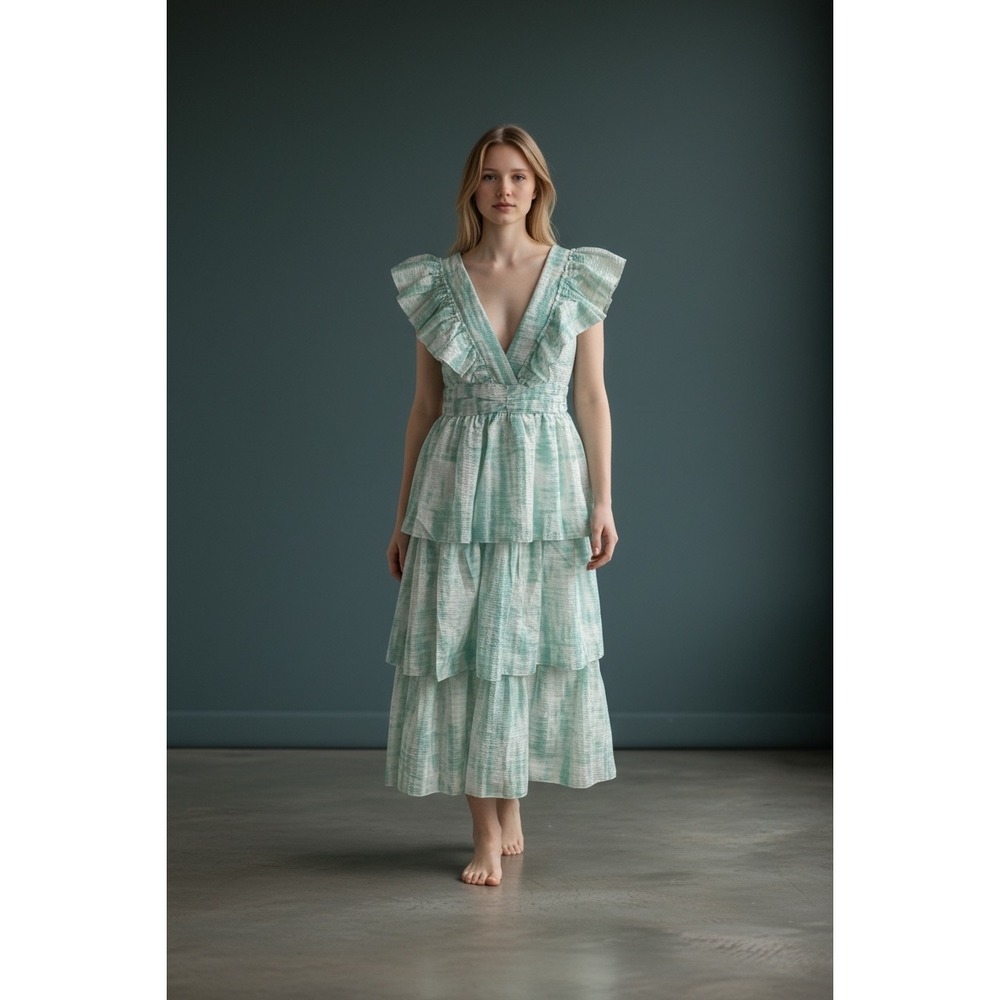 FAERIESTY Tiered Maxi Dress Teal White Tie Dye Ruffle V Neck‎ Midi Medium